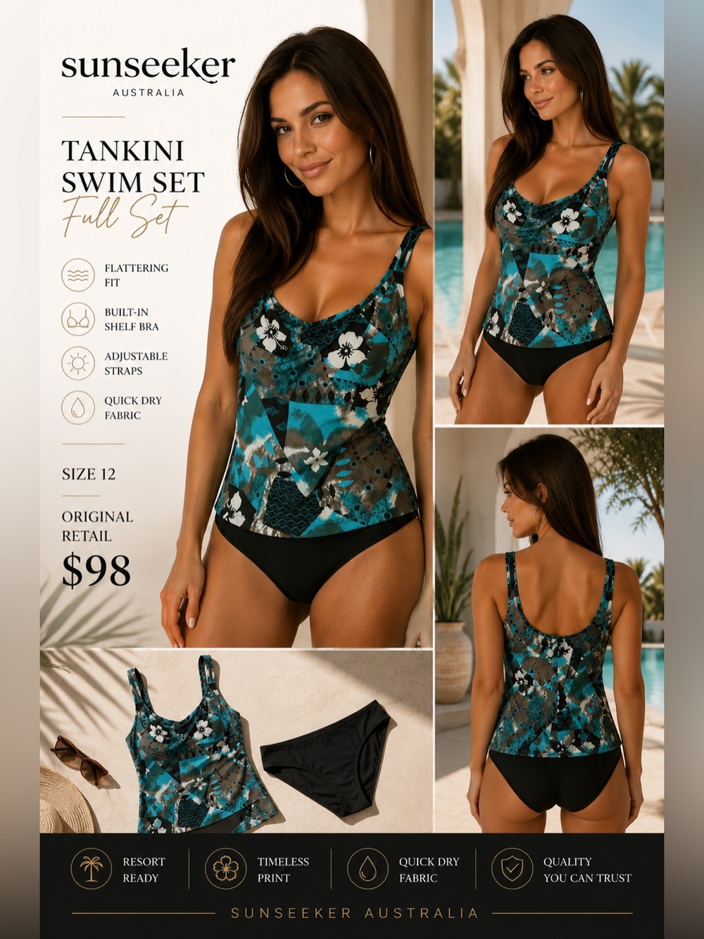 Sunseeker Teal Floral Tankini Top with Black Briefs